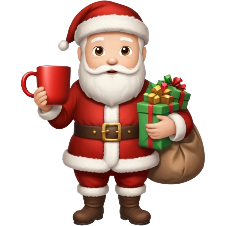Санта клаус с мешком подарков за спиной и кружкой какао в руке emoji