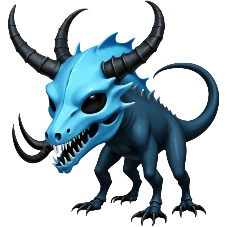 Shiny Dark Edgy  Salandit-Inteleon-Amaura-Fakémon-hybrid-creature (full body) with a horned animal-skull-mask emoji