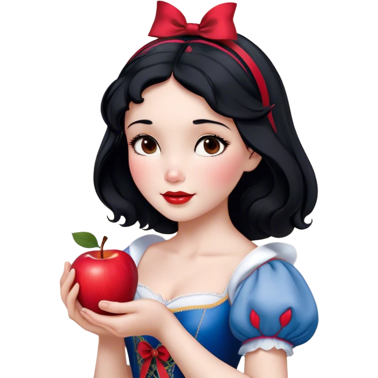 Cinematic Realistic Snow White Portrait, depicted with lifelike skin texture, soft natural lighting, and intricately detailed black hair styled with a red ribbon. Her soft brown eyes radiate innocence and kindness, complemented by a warm, gentle smile. She holds an apple in one hand, her other hand resting against her cheek, embodying her purity and charm. She is dressed in her classic yellow, blue, and red gown, the fabric rich in texture with delicate folds that catch the light beautifully. The portrait features a soft, natural glow with a radiant finish, capturing the essence of timeless beauty in a realistic and painterly style. emoji