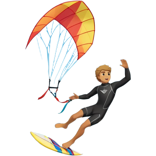 A kite surfer soaring above the waves, holding onto a kite with the wind in full force. The background showcases the ocean and sky, emphasizing the freedom, thrill, and energy of the sport. The motion of the kite and board is dynamic, capturing the excitement of kiting. emoji