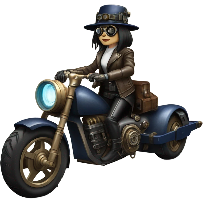 Bounty hunter Wednesday Addams Jedi wearing a pair of navy-blue rimmed steampunk goggles, hat, leather chaps, fringe jacket riding a relaxed distressed 1932 sci-fi 3 wheeled steampunk electric motorcycle with large fenders and saddlebags in desert town  emoji