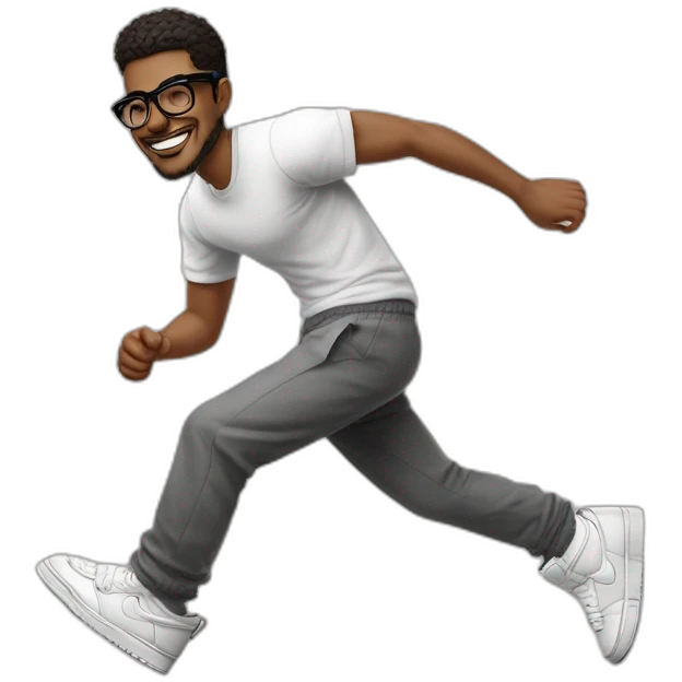 hombre con lentes,color de piel blanco, vestido con buzo y pantalone baggy y zapatillas nike dunk, feliz emoji