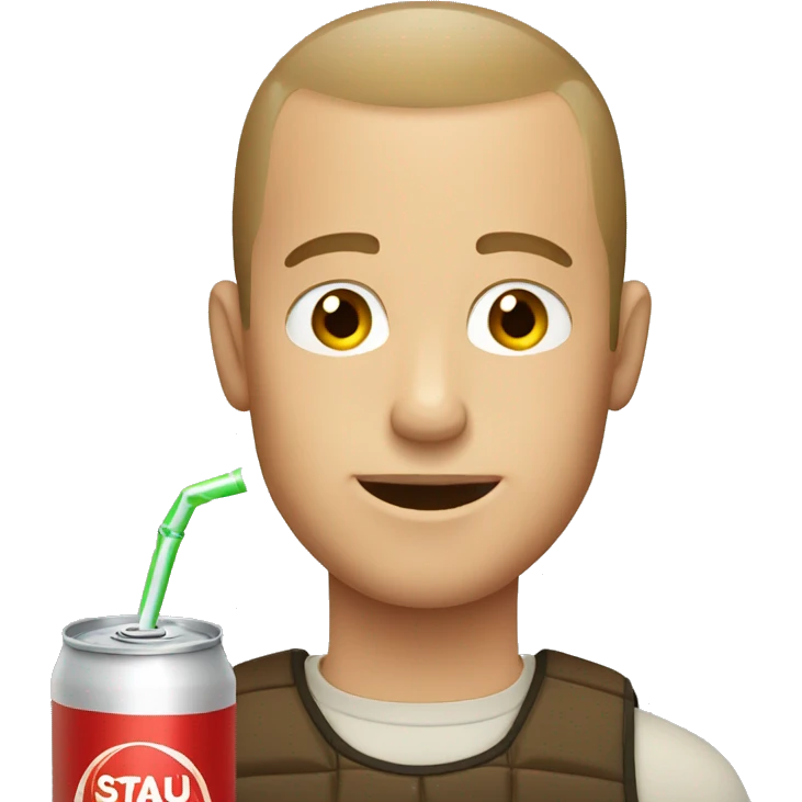 White guy with brown buzz cut drinking soda emoji