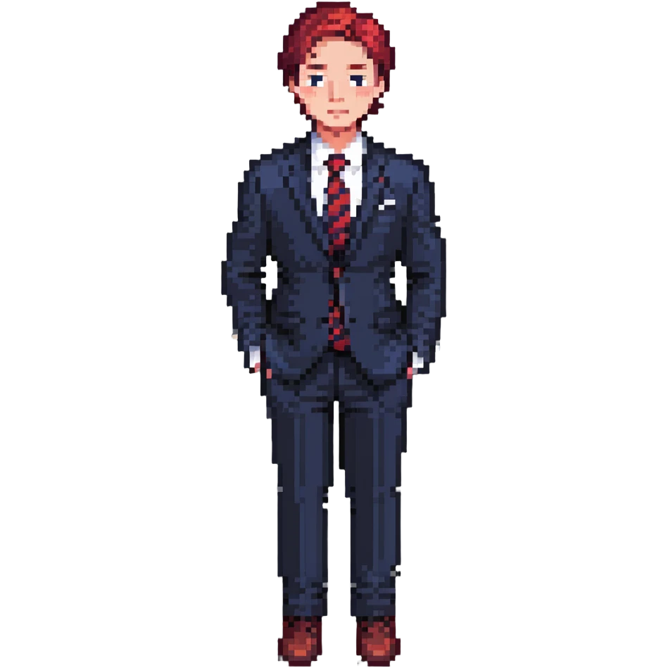 man wearing a dark blue-gray business suit with black horizontal stripes on the arms and legs, white shirt and red tie emoji