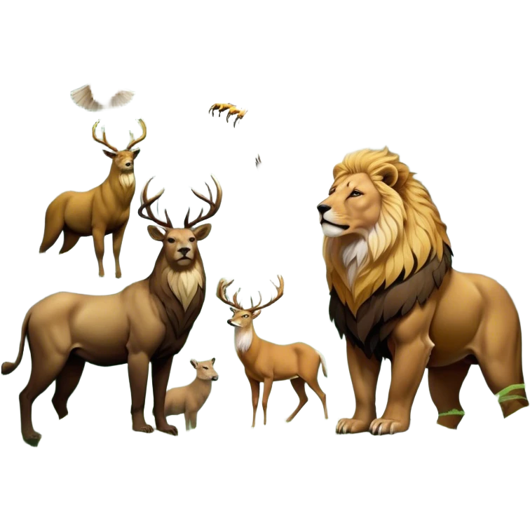 Collage of wild animals: a majestic bear in a lush green forest, a roaring lion on the savanna, a soaring eagle in the sky, and a graceful deer in the misty woods. A vibrant and detailed nature scene, capturing the beauty of wildlife. Transparent background. emoji