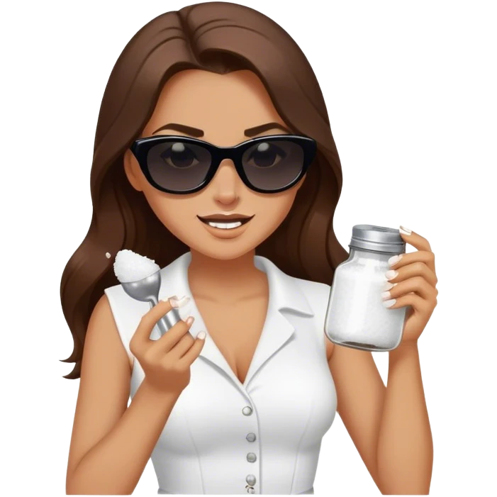 sassy woman with long brown hair and dark sunglasses holding a salt shaker filled with white table salt. She is shaking and sprinkling the salt. She is smirking.  emoji