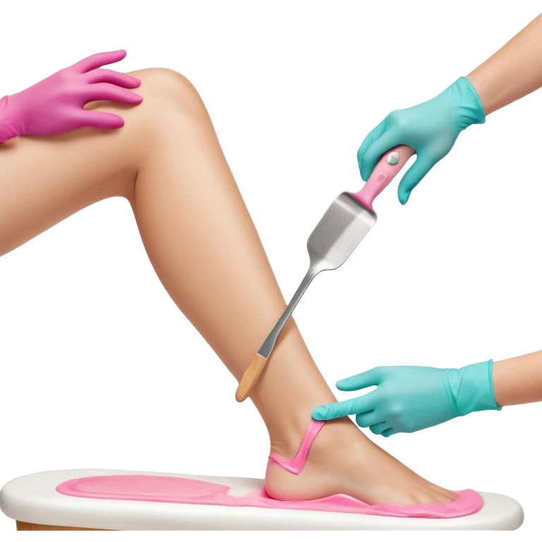 Close-up professional beauty photo of a smooth white leg during a waxing procedure, a second person’s hand wearing a turquoise nitrile glove spreading warm pink depilatory wax along the leg with a wooden spatula emoji
