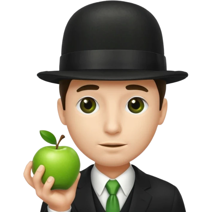 homme en costume chapeu melon aven avec une pomme verte qui cache son visage  emoji