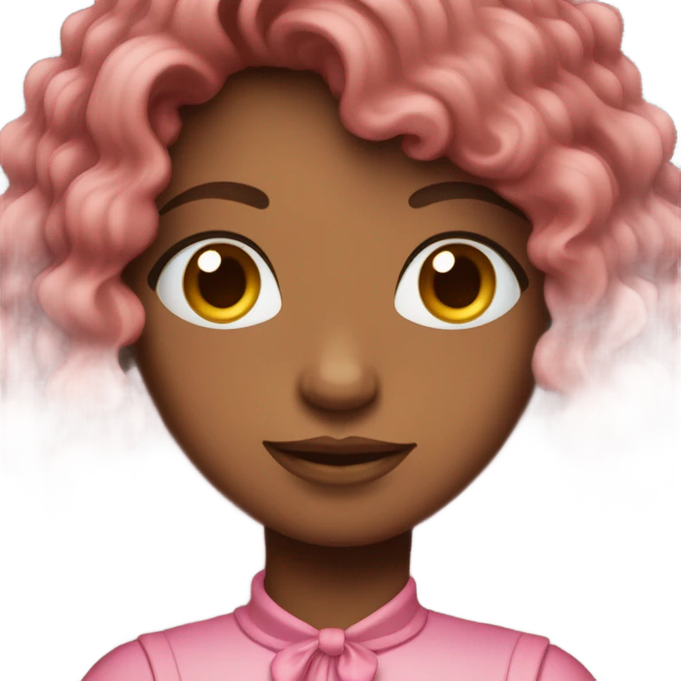 cute pink out fit,  brown long curly hair with a bow in it. brown skin and dark eyes emoji