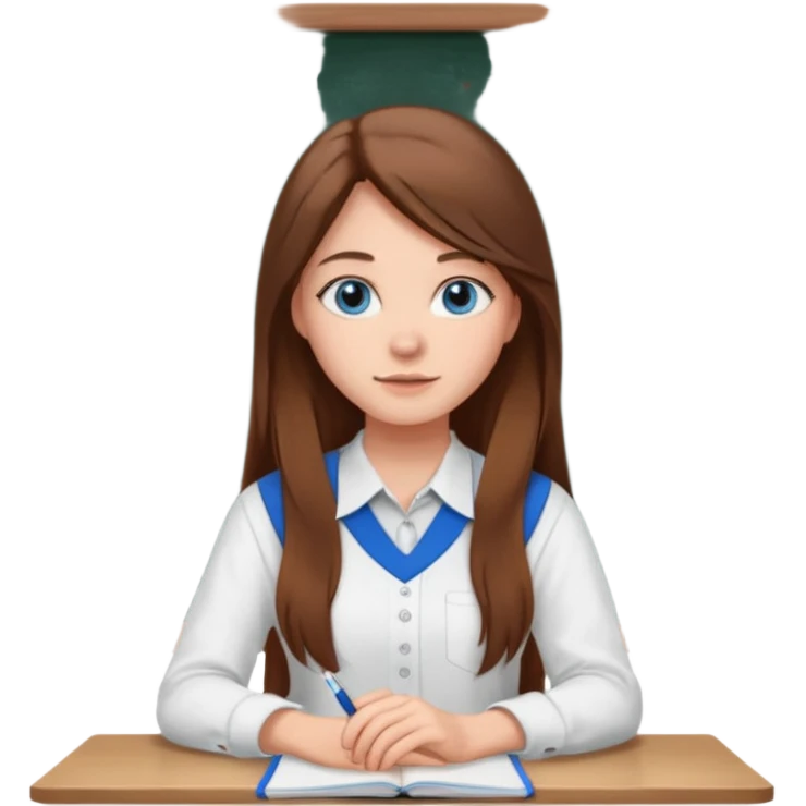 high school class room with a pretty female high school student with long brown hair, blue eyes sitting in front of the blackboard emoji