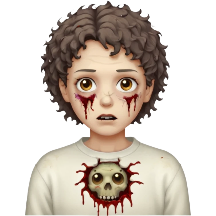 zombie with short curly hair and brown eyes wearing a white sweat emoji