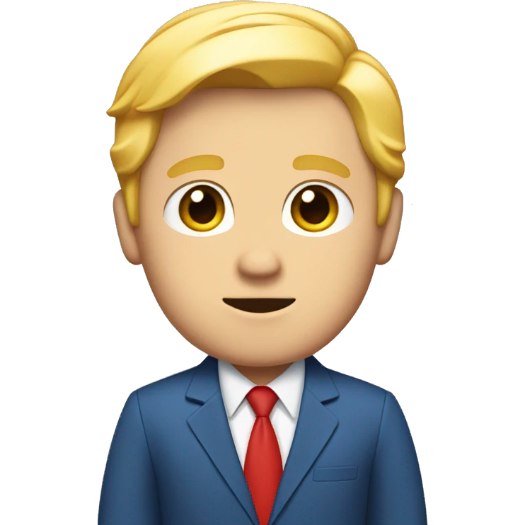 White guy with blond hair and orangish skin wearing a blue suit and red tie with one ear covered with paper  emoji