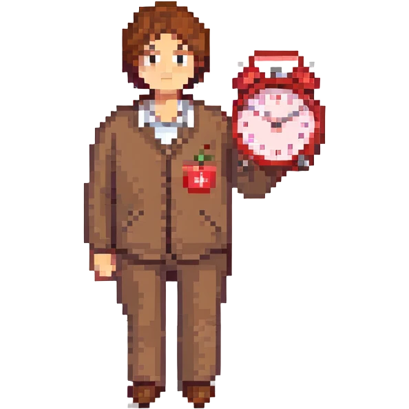 A man with brown hair holding a red alarm clock emoji