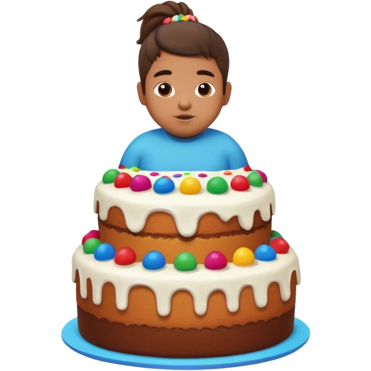 chubby mexican boy with pony tail coming out of giant cake emoji
