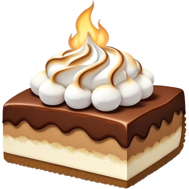 Chocolate cheesecake slice topped with toasted marshmallows and graham crackers emoji
