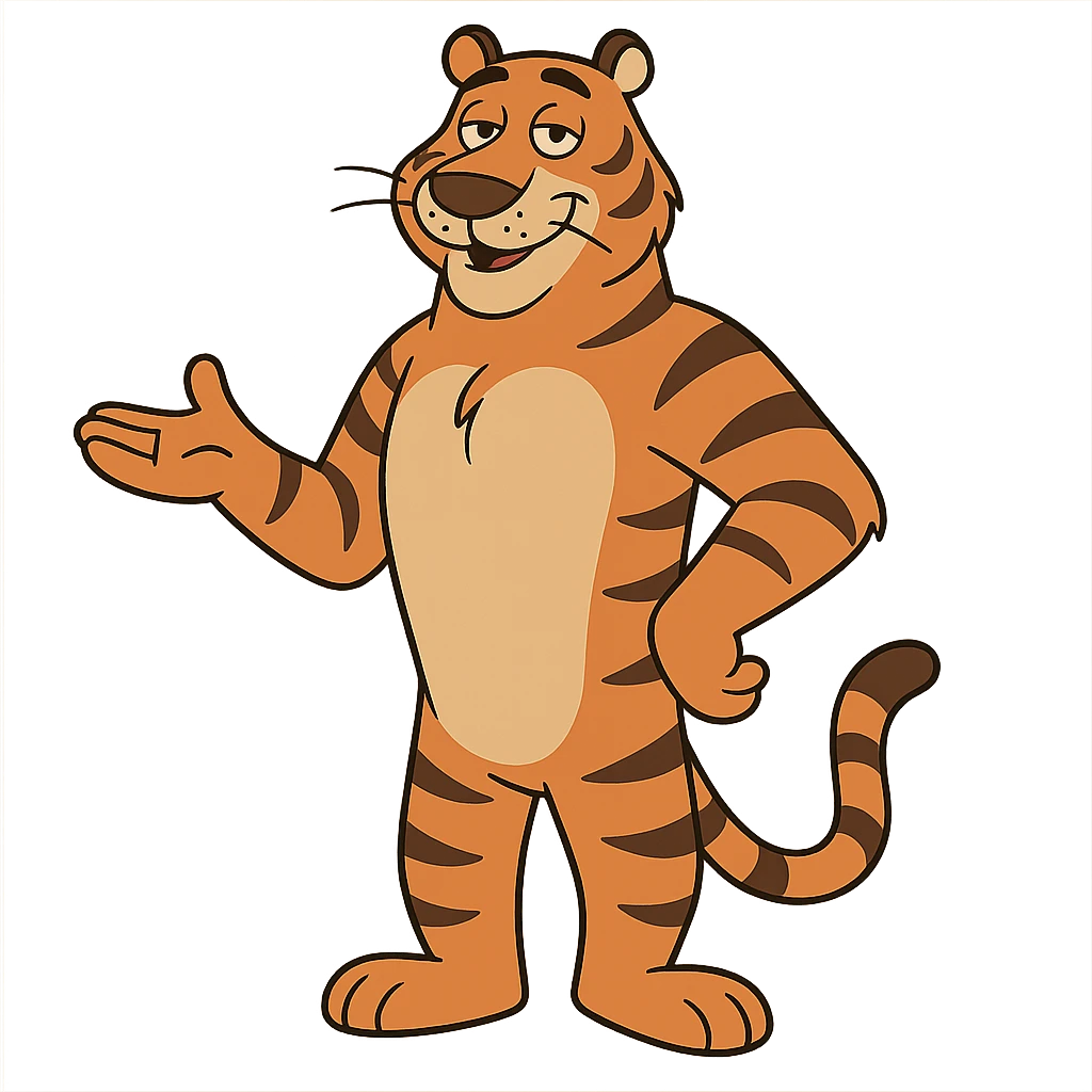 a friendly, tall tiger, soft eyes, welcoming posture, cartoon style emoji