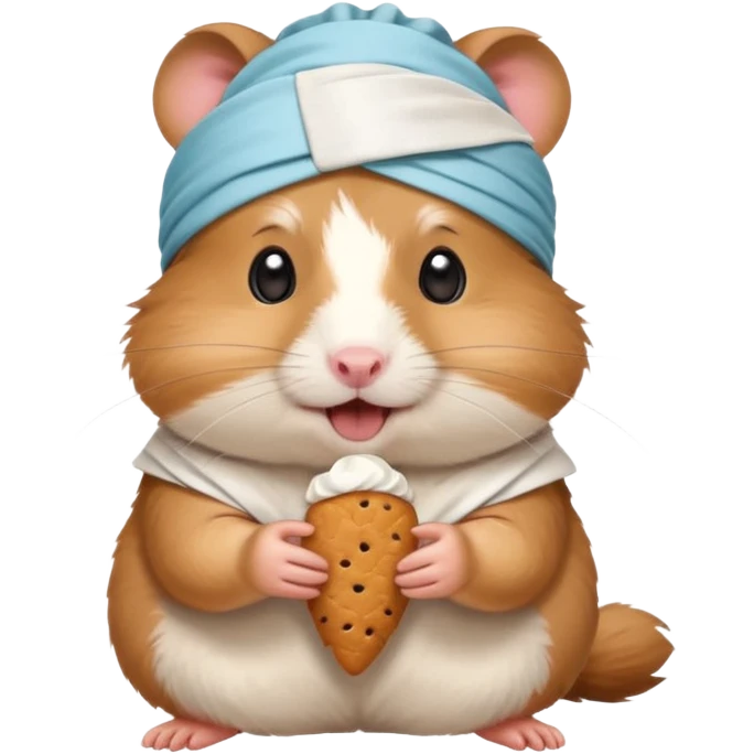 A cheerful hamster patient with head bandage, nibbling a treat for comfort.
 emoji