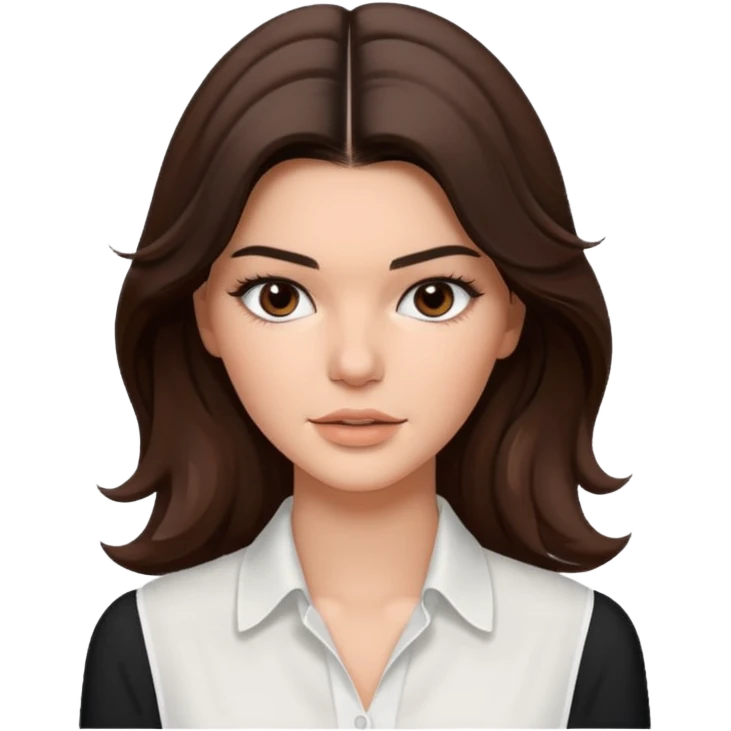 brunette Kendall Jenner con cabello ondulado marrón, ojas cafés oscuros con blusa blanca  emoji