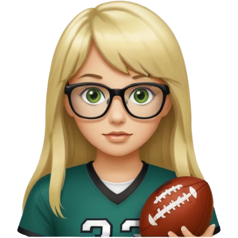 long blonde hair with bangs black rectangle glasses female green eyes football player wearing eagles jersey number 33 holding football emoji
