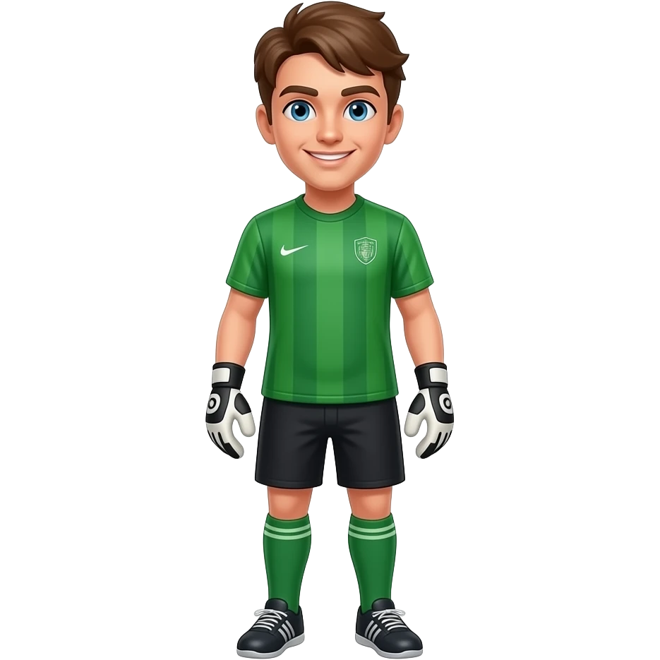 faça umgoleiro de camiseta verde, short conza, olhos azuis, cabelo marron, sorrindo parado, visto de frente emoji