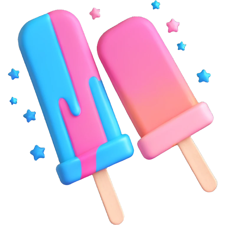 3D iOS style popsicle with blue and pink colors, star decorations, and a melting effect emoji