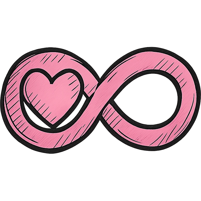drawn pink infinity symbol with bold clear contours, expressive graphic shadows and highlights, heart integrated into the left loop of the infinity, blending smoothly with the overall shape emoji