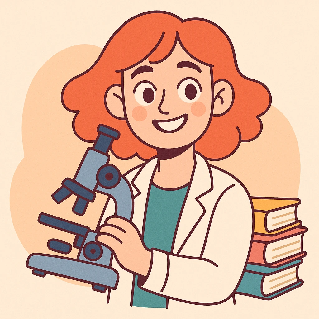a beautiful girl scientist smiling with a microscope and books soft pastel illustration style emoji