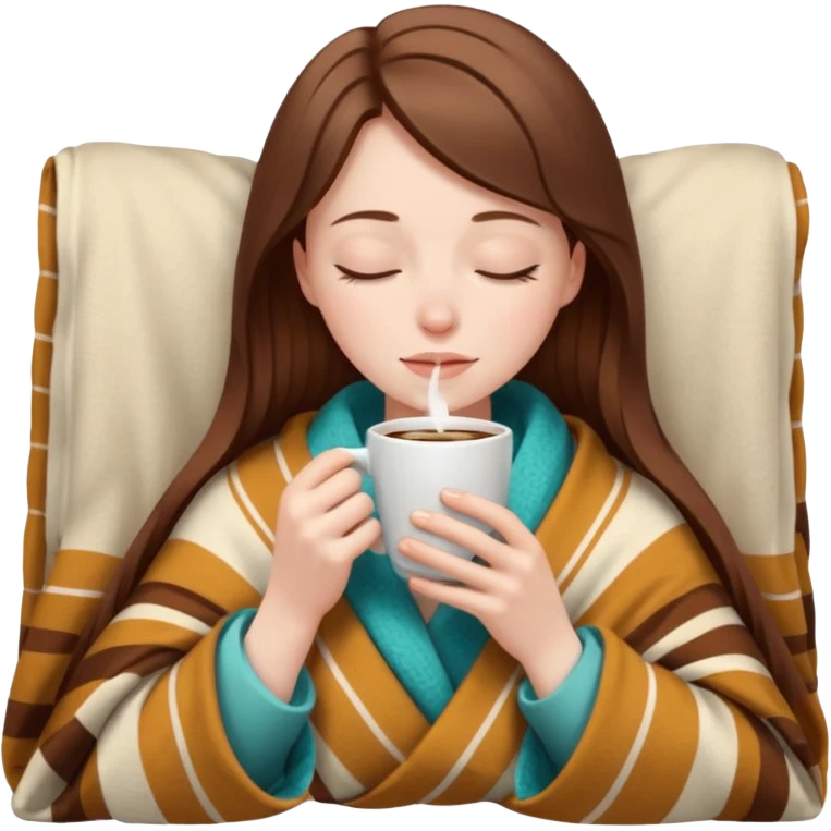 brown-haired white girl inside a blanket sipping coffee eyes closed emoji