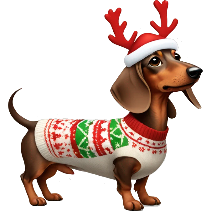 Dachshund wearing a Christmas sweater and reindeer antlers on his head emoji