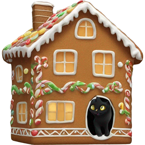 ginger bread house with a black cat in the window emoji