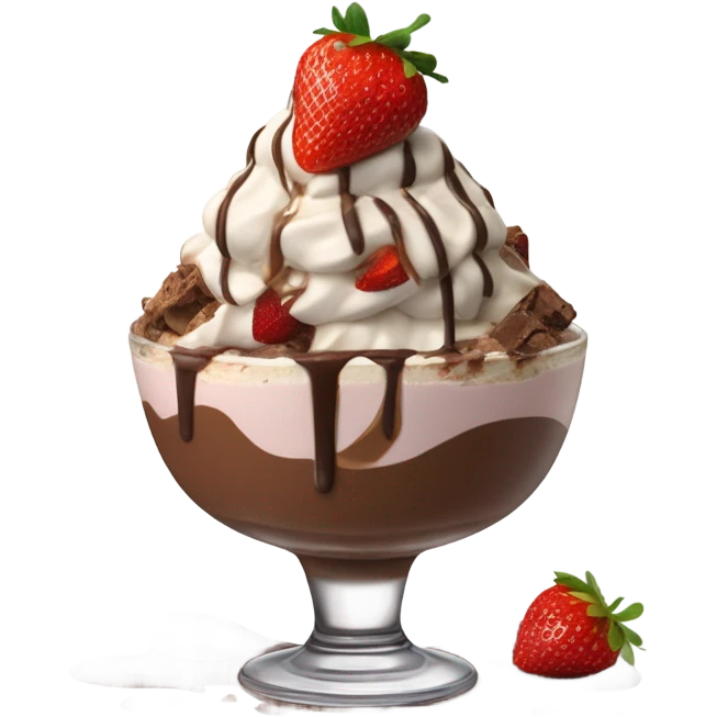 strawberry and chocolate sundae with chocolate chips, caramel drizzle, whipped cream, and a cherry emoji