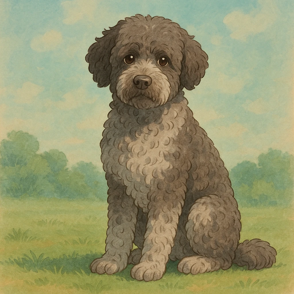 illustration of a roan Lagotto Romagnolo dog, sitting, soft background, ghibli style emoji