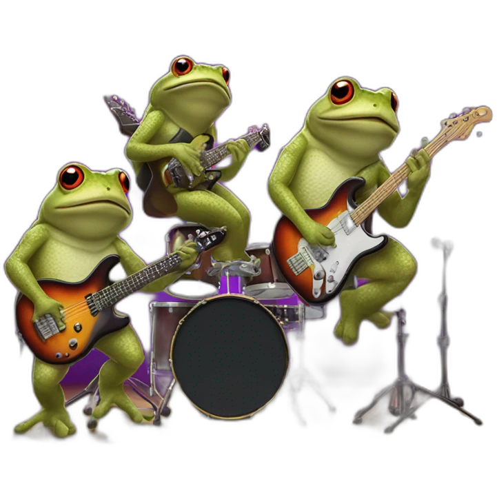 Three toad playing electric guitar, bass and drumset in concert emoji