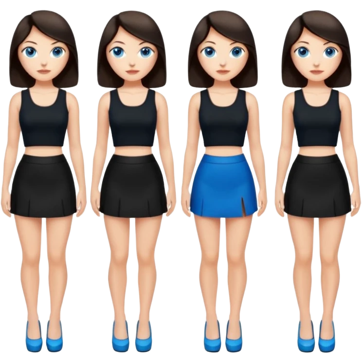 realist caucasian woman, long dark brown hair, blue eyes, black crop top, black mini skirt, high heel black shoes, full body, emoji style, different pose emoji