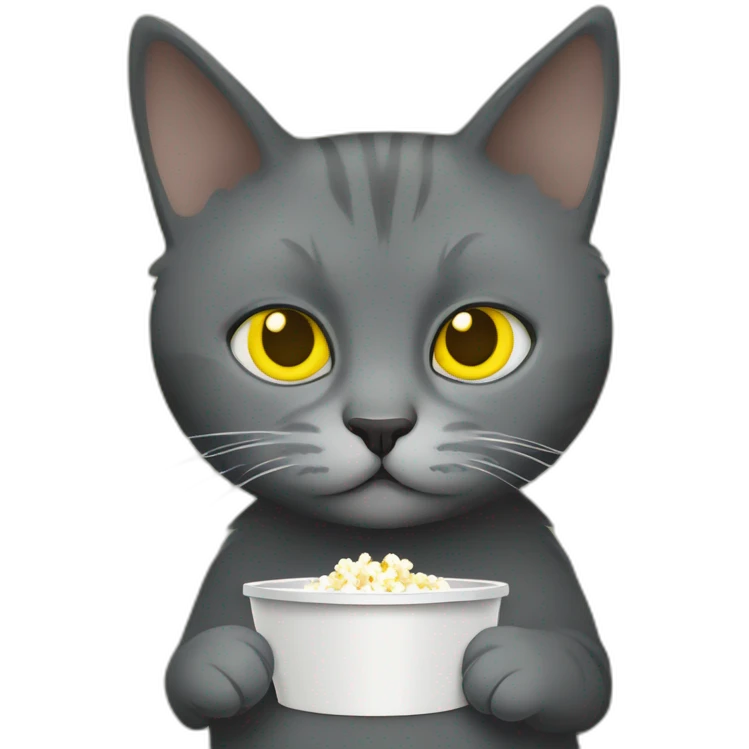 Grey Russian cat with honey yellow like eyes tucked with a dark wood like green Pendleton Navajo like blanket eating popcorn while watching a horror movie emoji