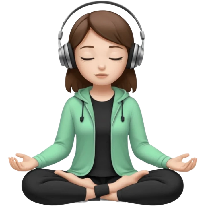 White girl, brown hair meditating with headphones on and black and pastel green clothes, eyes closed emoji