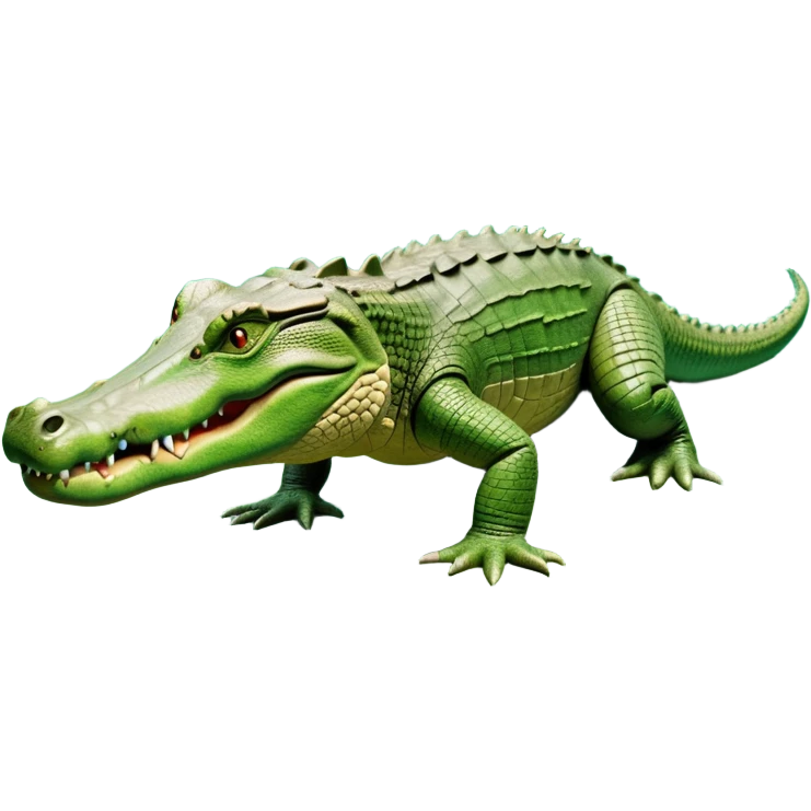 cinematic-crocodile-realistic-full-body-on all fours-emoji,-massive-scaled-body-partially-submerged-in-shallow-water,-head-tilted-dramatically,-rough-green-and-brown-hide-textured-with-deep-ridges,-simplified-yet-realistic-focused-features, head held high emoji