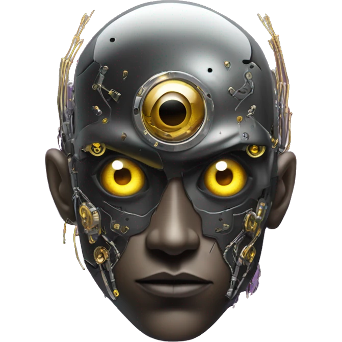 black metal male cyborg head with artificial eyeball, circuitry and wispy yellow gold hair emoji
