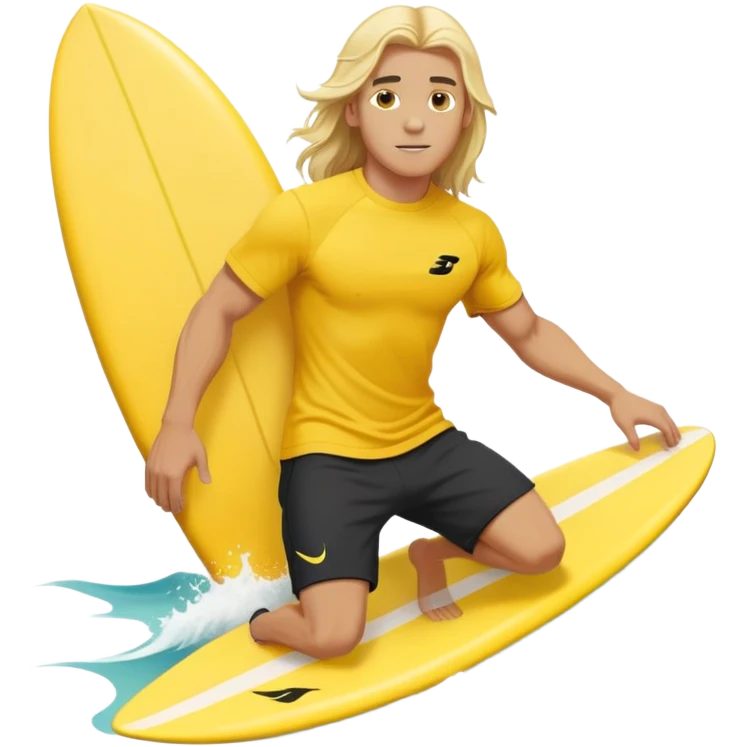 Man surfing on a yellow white board with long blond hair, yellow t-shirt with black Nike logo in center of chest, black baggy sweatpants. emoji