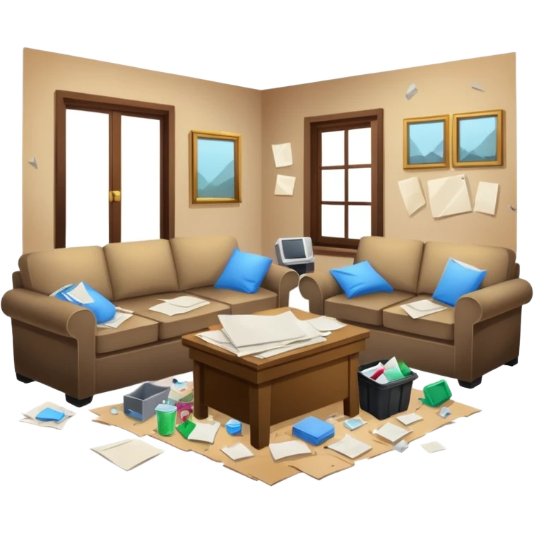 dirty living room with papers and trash emoji