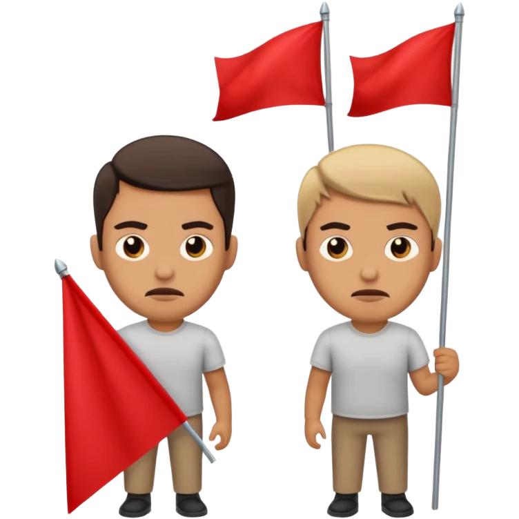 two guys with red flags and a frowning face emoji