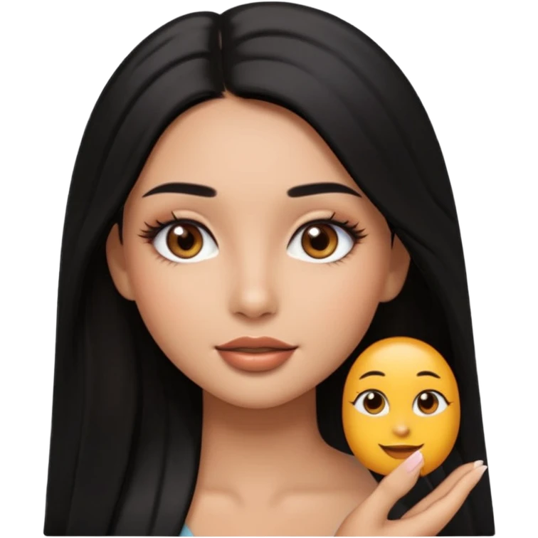 pretty cartoon girl, semi-realistic 3D emoji style, long middle parted straight black hair, tan skin, brown eyes, long eyelashes, soft glam makeup, glossy lips, smooth skin, cute aesthetic,  emoji