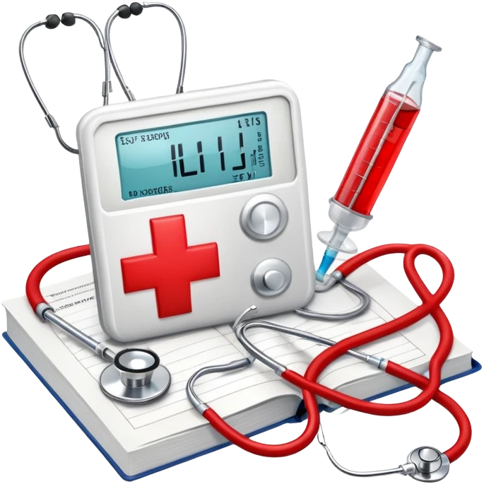 An icon featuring a red cross, a stethoscope, and a syringe, symbolizing medicine. The design includes a medical book, a heartbeat monitor, and a pill, representing the study and practice of healthcare, diagnostics, and treatment. Transparent background highlights the science of healing. emoji