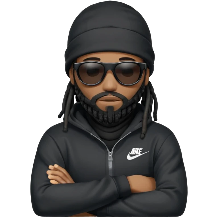 African American man with shoulder length black dreadlocks with black beard wearing black sunglasses wearing a black ski mask covering face wearing a Nike hoodie with his arms folded across chest emoji