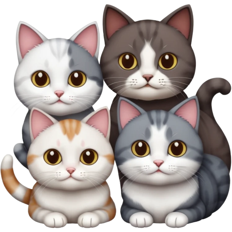 4 different coloured short haired cats including; a dark brown and white cat, and a dark grey and white  emoji