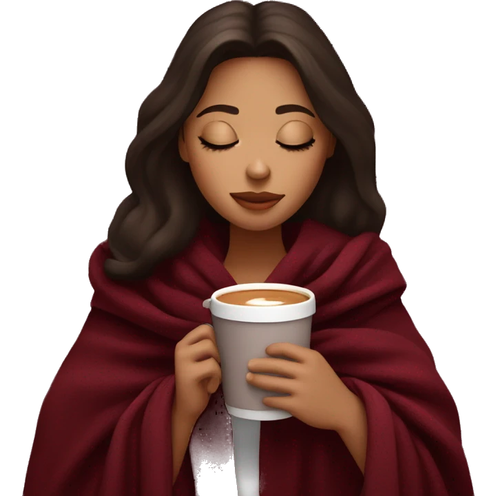 Brunette girl inside a burgundy blanket sipping coffee eyes closed emoji