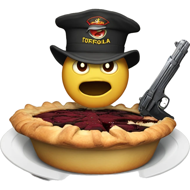 a pie with an angry face, holding two guns, a text saying "TORTAFROLA MANDA" emoji