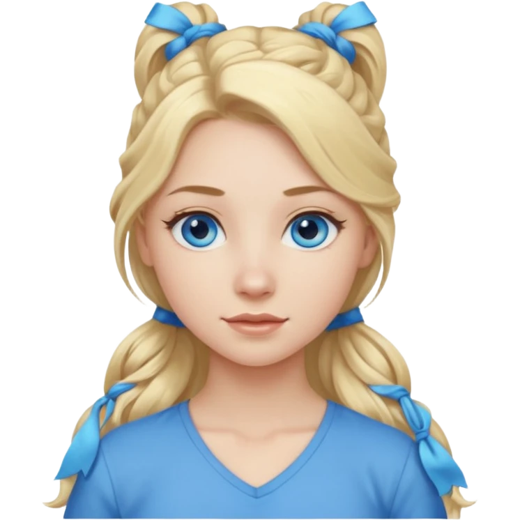 A pale girl with blue eyes and long and blonde , wavy hair in a pony tail emoji