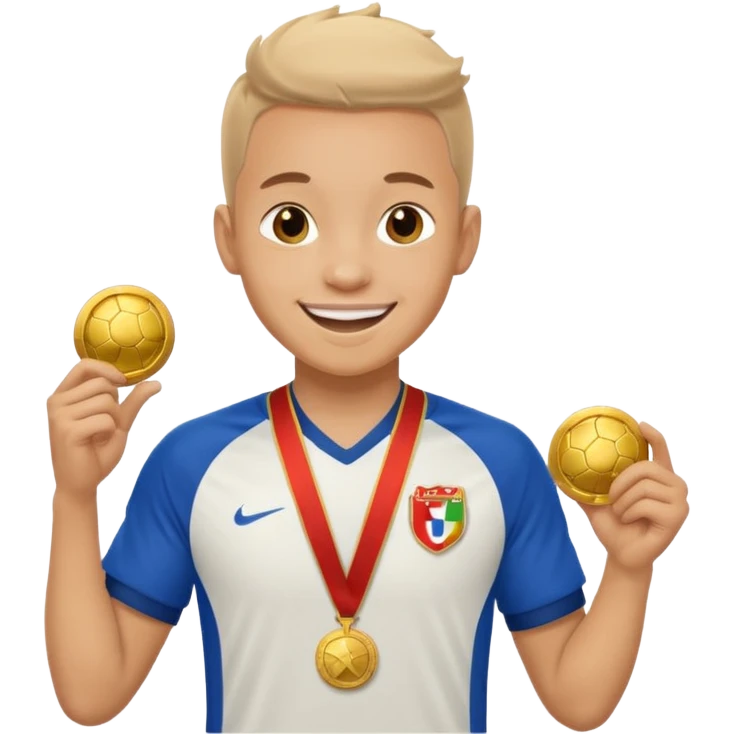 Happy light soccer player with a first-place medal
 emoji
