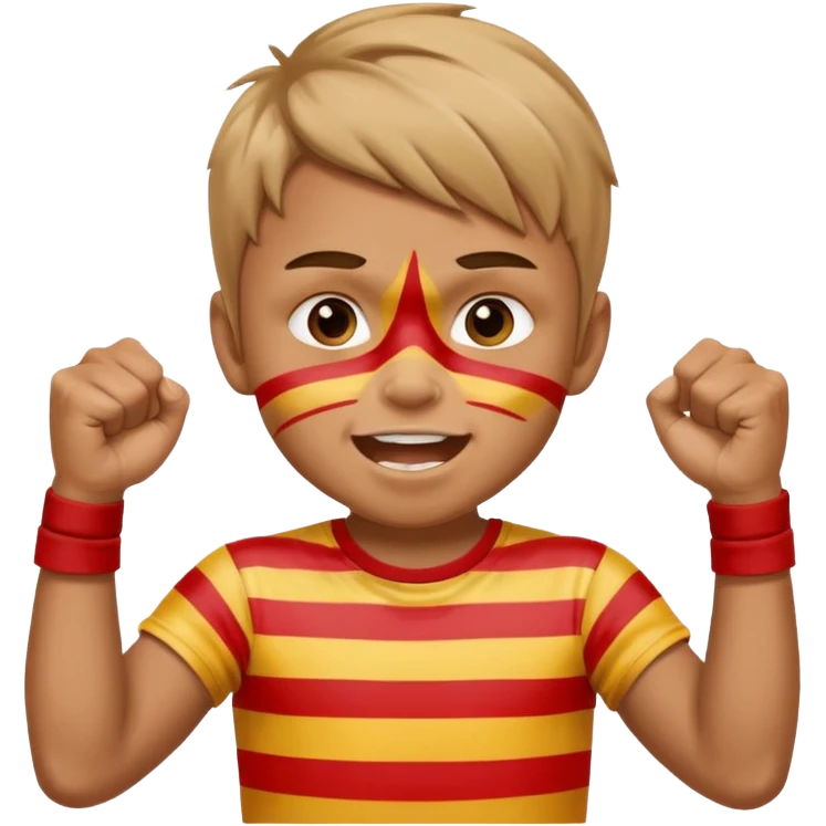 A boy with stripes face paint across his cheeks, raising his fists in excitement. emoji
